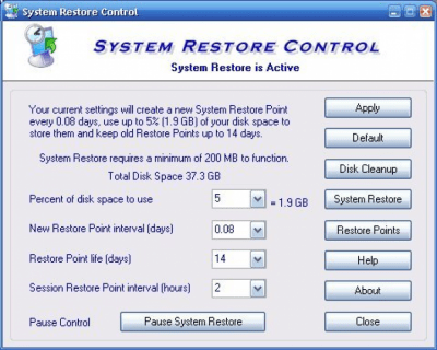 Screenshot of the application System Restore Control - #1