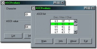 Screenshot of the application ASCIIvalues - #1