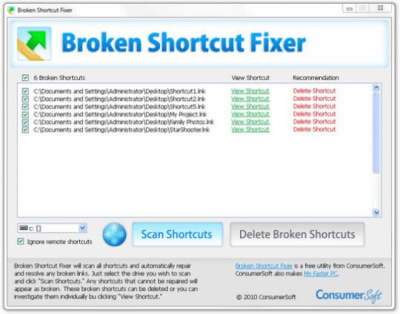 Screenshot of the application Broken Shortcut Fixer - #1