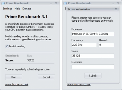 Screenshot of the application Prime Benchmark - #1