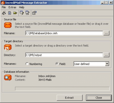 Screenshot of the application IncrediMail Message Extractor - #1