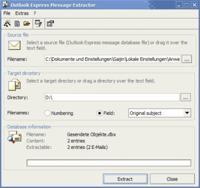 Screenshot of the application Outlook Express Message Extractor - #1