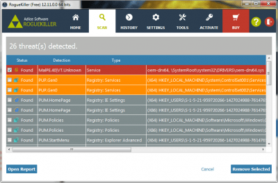 Screenshot of the application RogueKiller - #4