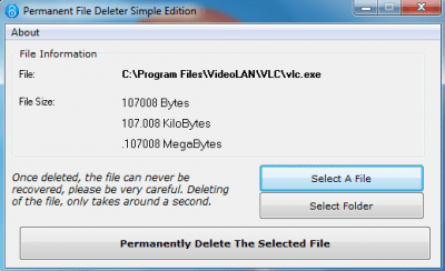 Screenshot of the application Permanent File Deleter - #1