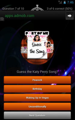 Screenshot of the application Katy Perry Quiz Lyrics Game - #4
