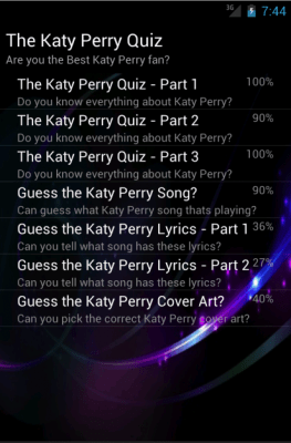 Screenshot of the application Katy Perry Quiz Lyrics Game - #9