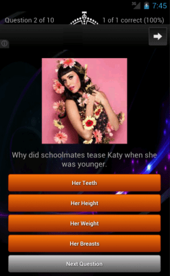 Screenshot of the application Katy Perry Quiz Lyrics Game - #16