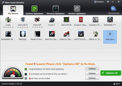 Screenshot of the application Wise Game Booster Portable - #1