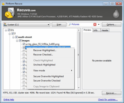 Screenshot of the application Recuva Portable - #4