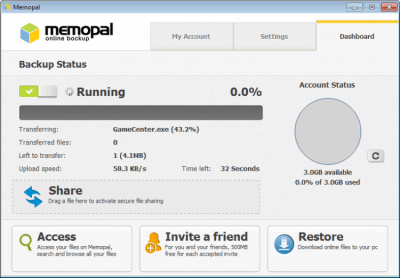 Screenshot of the application Memopal Online Backup - #1