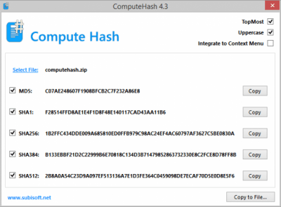 Screenshot of the application Compute Hash - #1