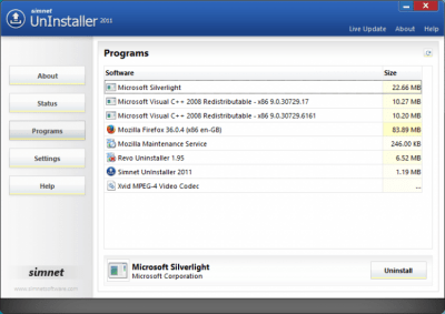 Screenshot of the application Simnet Uninstaller - #1