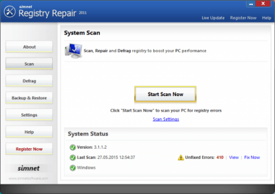 Screenshot of the application Simnet Registry Repair - #1