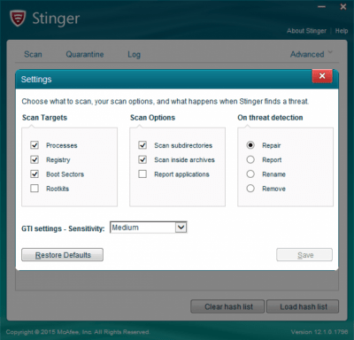Screenshot of the application McAfee Stinger - #2