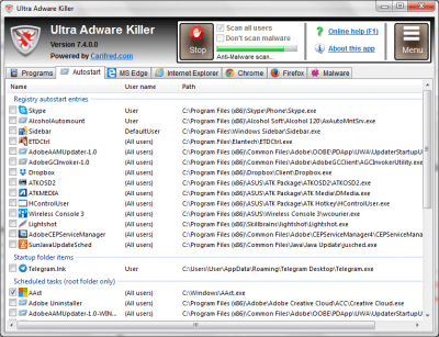 Screenshot of the application Ultra Adware Killer - #1