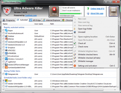 Screenshot of the application Ultra Adware Killer - #2