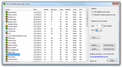 Screenshot of the application Zhorn Software Birthday Reminder - #1