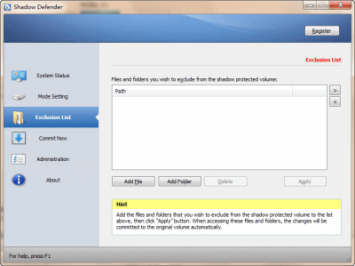 Screenshot of the application Shadow Defender - #3