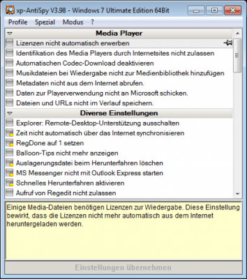 Screenshot of the application XP-AntiSpy - #1