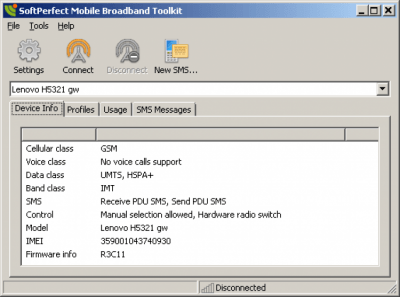 Screenshot of the application SoftPerfect Mobile Broadband Toolkit - #1