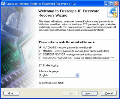 Screenshot of the application Internet Explorer Password Recovery v1.1 - #1