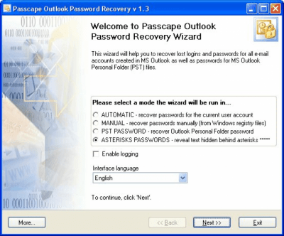 Screenshot of the application Passcape Outlook Password Recovery - #1