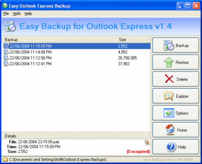 Screenshot of the application Easy Backup for Outlook Express 2.1 - #1