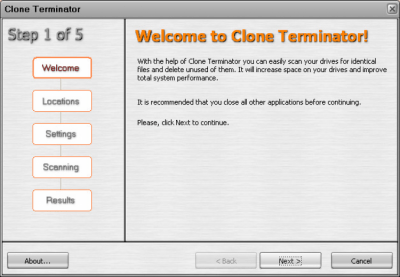 Screenshot of the application Clone Terminator 1.22 - #1