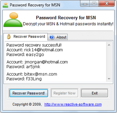 Screenshot of the application Password Recovery for MSN - #1