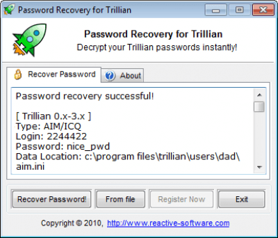 Screenshot of the application Password Recovery for Trillian - #1