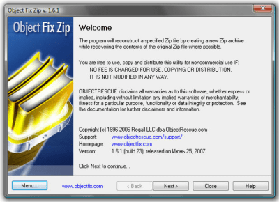 Screenshot of the application Object FIX ZIP - #1