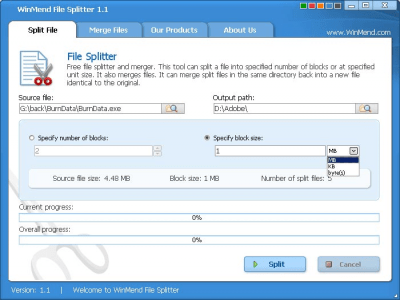 Screenshot of the application WinMend File Splitter - #1