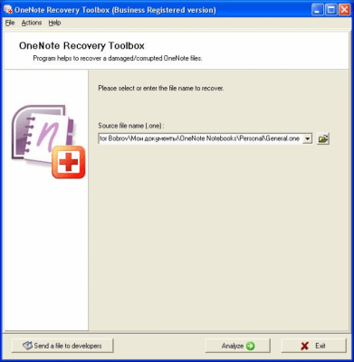 Screenshot of the application OneNote Recovery Toolbox - #1