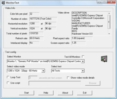 Screenshot of the application Passmark MonitorTest - #1