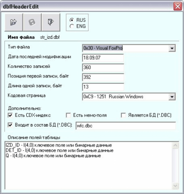 Screenshot of the application dbfHeaderEdit - #1