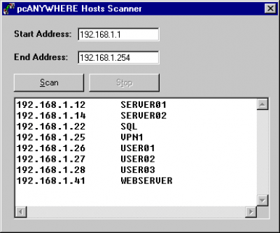 Screenshot of the application pcANYWHERE Hosts Scanner - #1