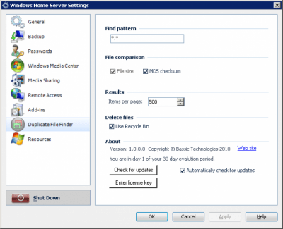 Screenshot of the application Duplicate File Finder for Windows Home Server - #2