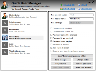 Screenshot of the application Quick User Manager - #1