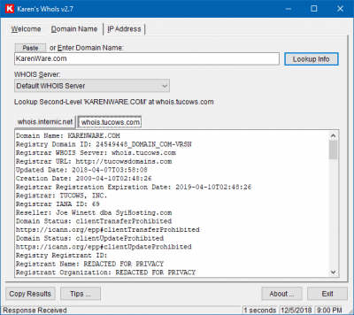 Screenshot of the application KarenWare WhoIs - #1