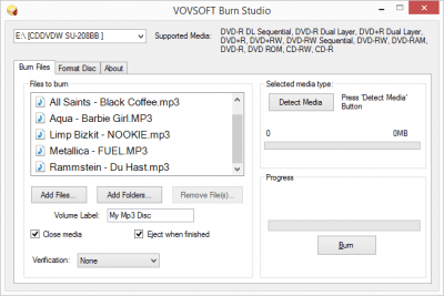 Screenshot of the application VOVSOFT Burn Studio - #1