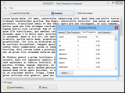 Screenshot of the application VOVSoft Text Statistics Analyzer - #1