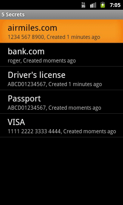 Screenshot of the application Secrets for Android - #1