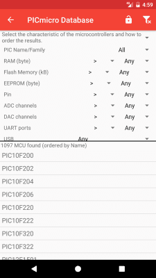 Screenshot of the application PICmicro Database - #4