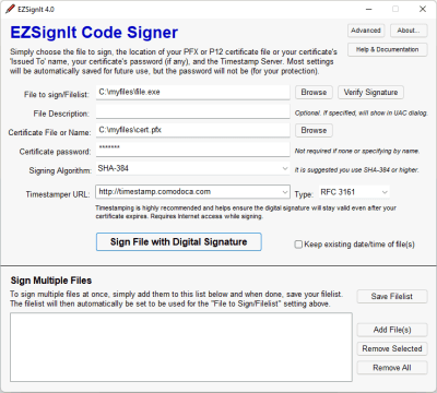 Screenshot of the application EZSignIt Digital Code Signer - #1