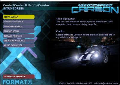 Screenshot of the application NFS Carbon Control Panel - #1