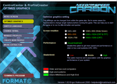 Screenshot of the application NFS Carbon Control Panel - #2