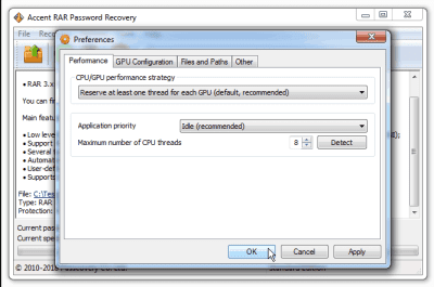 Screenshot of the application Accent RAR Password Recovery - #3