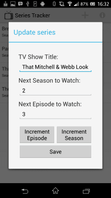 Screenshot of the application Season / TV Show Tracker - #2