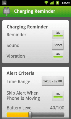 Screenshot of the application Charging Reminder - #1