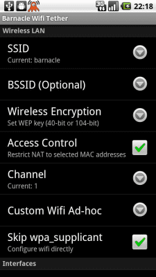 Screenshot of the application Barnacle Wifi Tether - #2